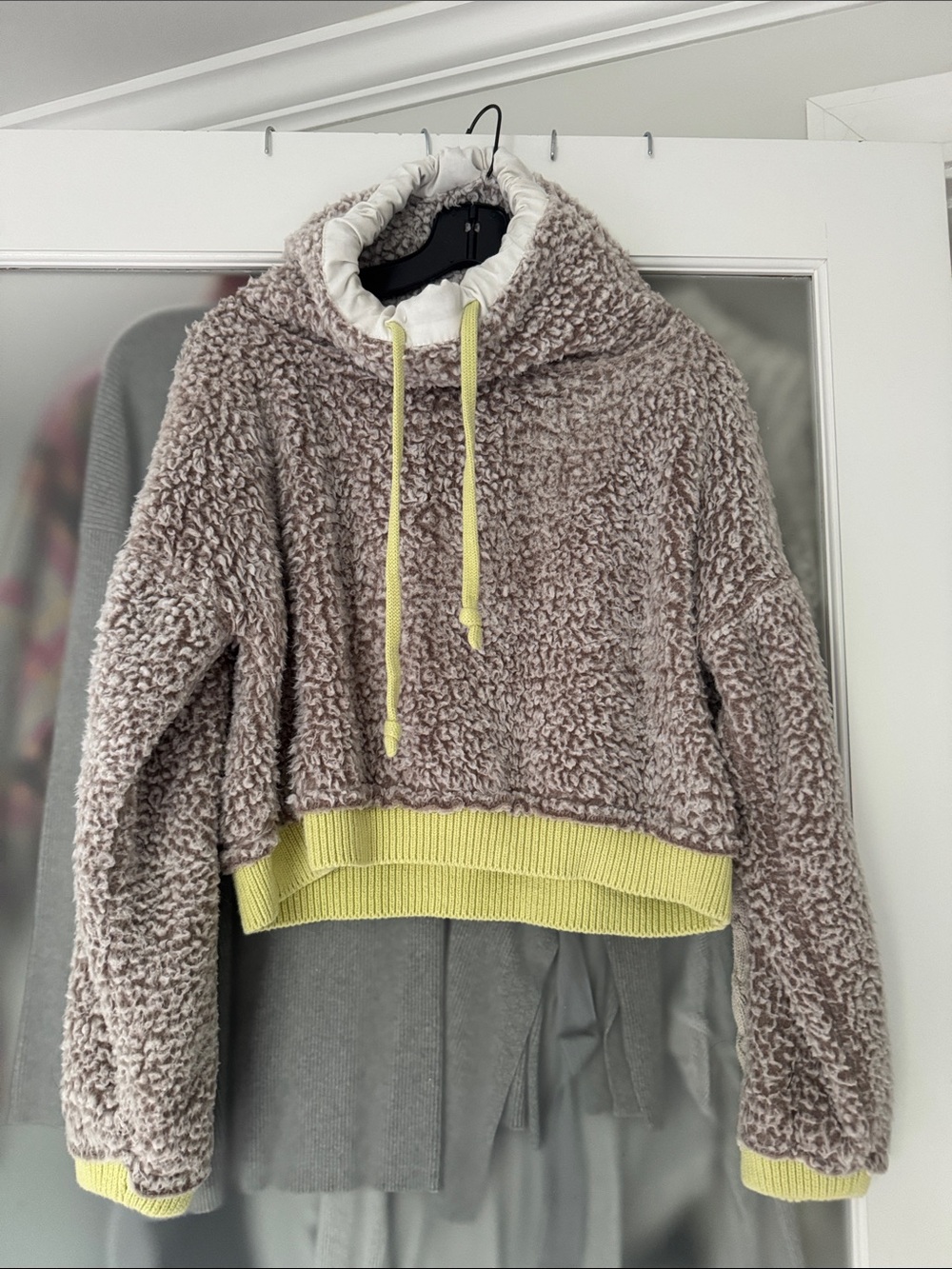 Cozy Taupe Fleece Hoodie with Lemon Trim